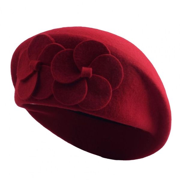 Hot Sale Beret Dobbelt Elegant Blomsterdekoration Damehat Klassisk Ensfarvet Beret Efterår Vinter Fransk Kunstnerkasket Til Udendørs_voghion.com