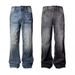 Herrenbekleidung Retro Dunkelblau Lightning Cracked Jeans Lockere Hose mit weitem Bein Verwaschene gerade Schlaghose_voghion.com