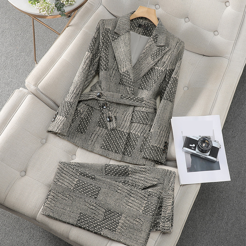 Elegant Collarless Blazer Suit Set For Women - Professional Office Wear, Winter Trendy Formal Outfit With Belt (Striped/Checkered, Gray)​_voghion.com