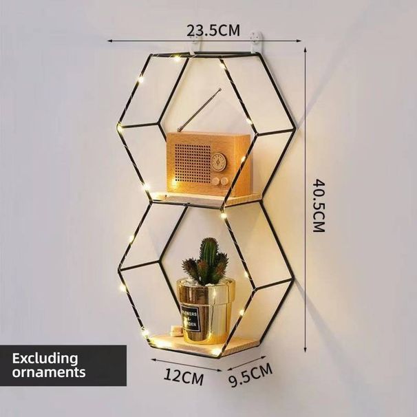 Ensemble d'étagères murales hexagonales nordiques – Organisateur suspendu en fer style bohème chic avec lumières LED, fixation sans perçage pour chambre, salon, cuisine_voghion.com