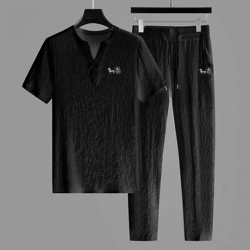 men's clothing Summer trendy pleated two-piece suit for men thin cotton and linen short-sleeved T-shirt Chinese style V-neck white casual sports suit_voghion.com