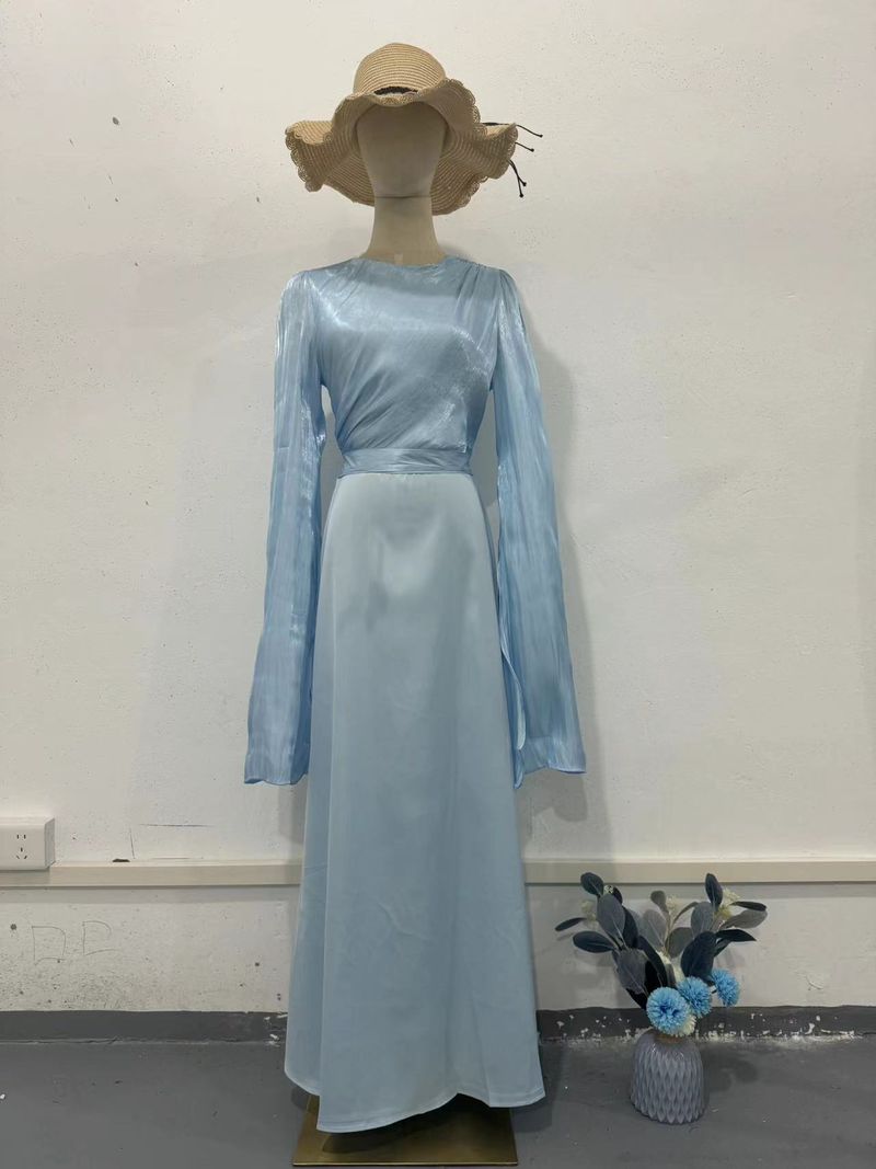 Women's Clothing Summer Spliced Organza Long Satin Slim Dress With Large Swing Sleeves_voghion.com