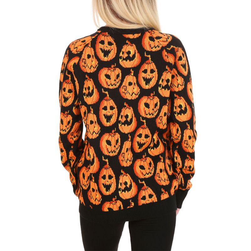 Women's sweater autumn and winter Halloween sweater loose contrasting color pumpkin jacquard _voghion.com