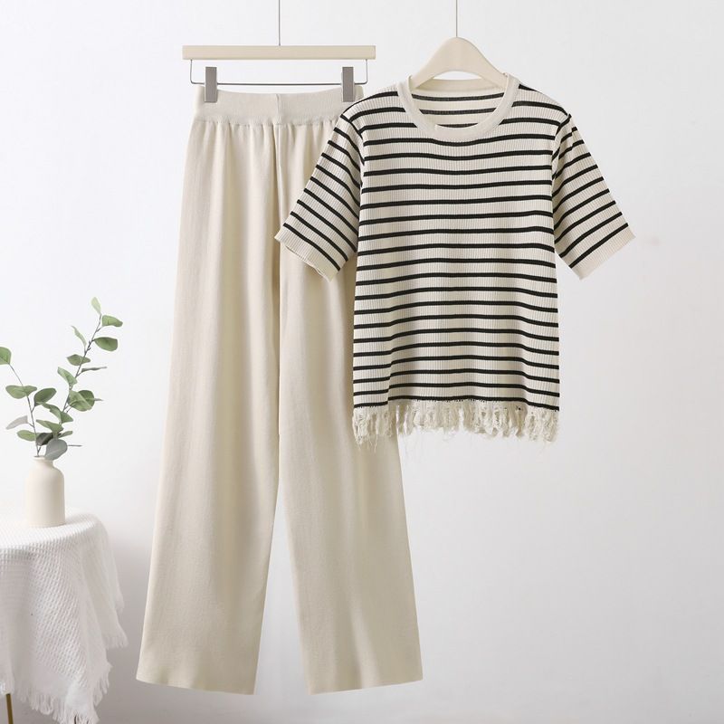 Damen-Anzughose aus Eisseide, gestrickt, Sommer-Anzug, kurzärmeliges Oberteil mit Quaste, hohe Taille, Hose mit weitem Bein, modischer zweiteiliger Anzug_voghion.com