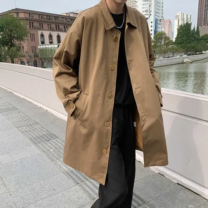 Men's Coats Autumn Cotton Trench Fashion Casual Oversized Long Coat Men Streetwear Korean Loose Windbreaker Jacket Mens_voghion.com