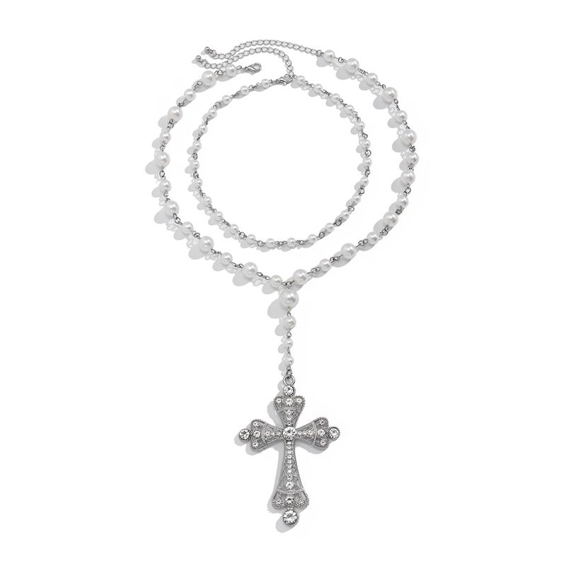 Conjunto de 2 colares de pérolas e diamantes, conjunto de suéter com corrente e temperamento de celebridade sexy da internet_voghion.com