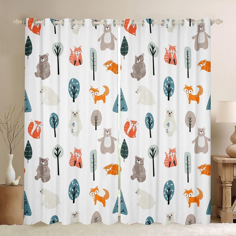 Cortinas fofas de urso e raposa para quarto e sala de estar, desenho de animal, cortina blackout com escurecimento de 30% a 50%, decoração para adolescentes, vida selvagem, cortinas blackout para mulheres e homens_voghion.com