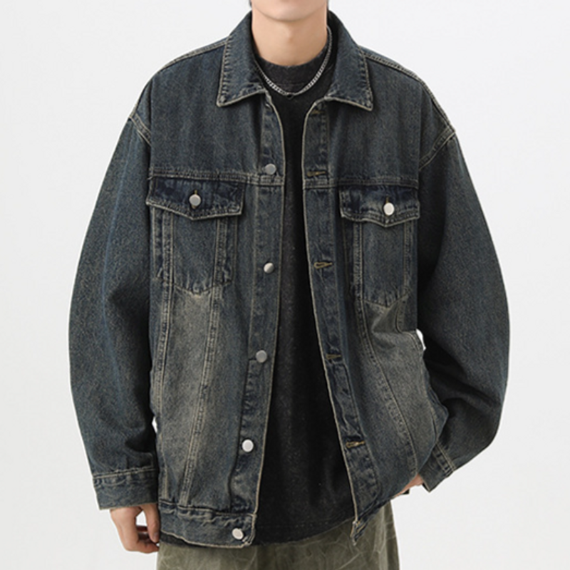 Veste en jean délavée style américain pour homme, style automne, style streetwear, couleur jaune vieilli_voghion.com