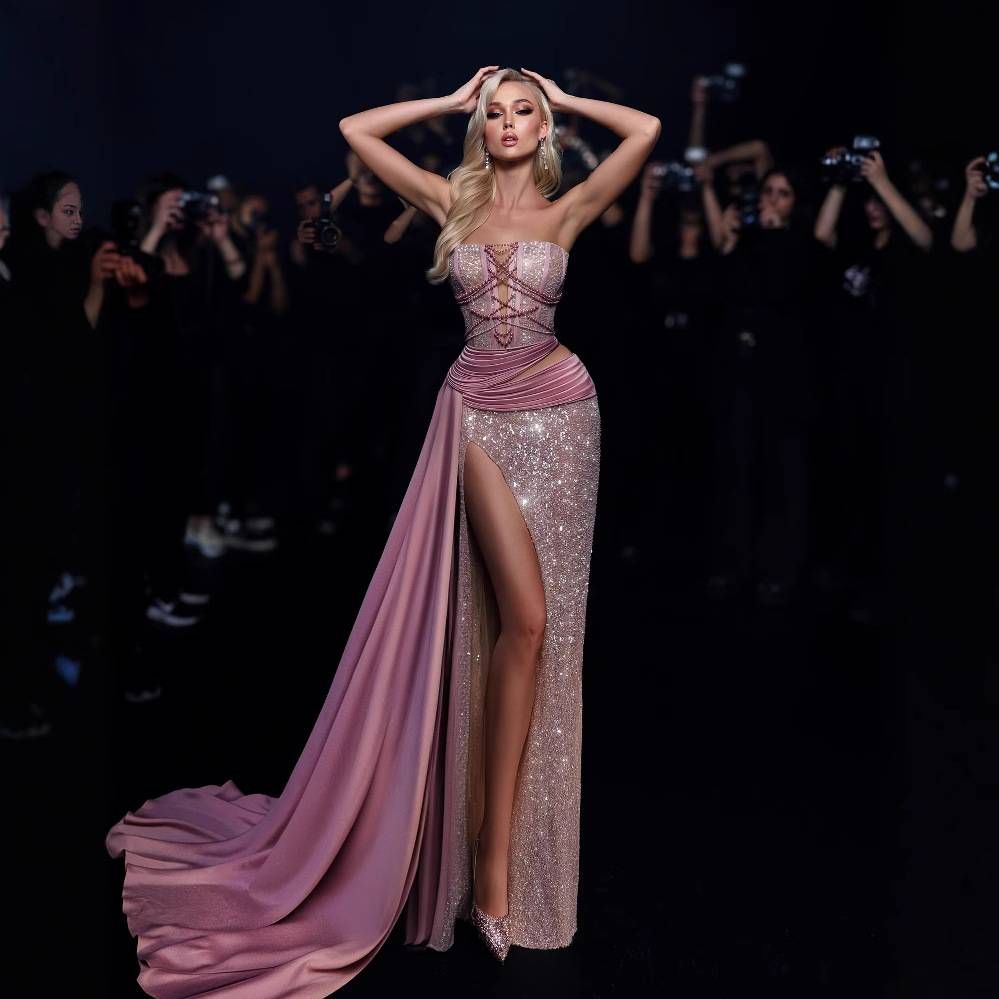 Elegant Glitter Velvet Slit Maxi Dress With Sash - Strapless Formal Gown For Parties & Evening Events_voghion.com