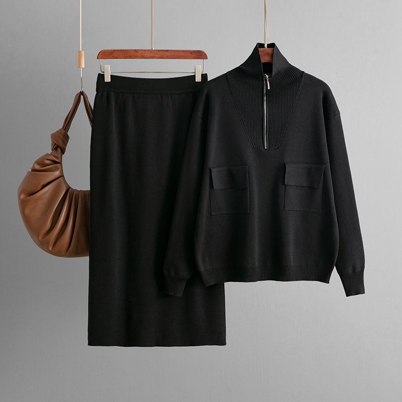 Damenbekleidung Herbst und Winter neuer einfarbiger Revers-Halbreißverschluss Strickoberteil + Wickelrock mit Temperament modischer zweiteiliger Anzug_voghion.com