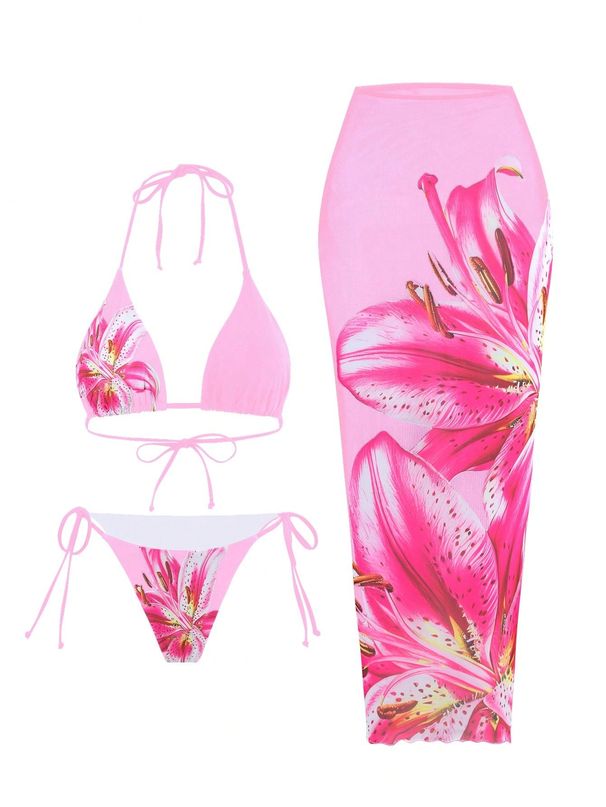 Damenbekleidung Bikini Plus Wickelrock Dreiteiliger Badeanzug Strandanzug_voghion.com