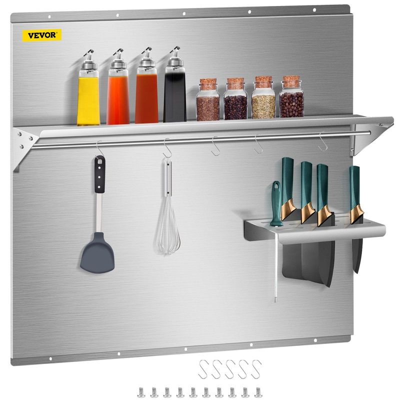 VEVOR Range Backsplash With Shelf 30 X 30.7 Inch Range Hood Wall Shield, Stainless Steel Backsplash Silver Splash Plate For Range Hood Stainless Backsplash With Built-in Storage Shelf And Hanging Rack_voghion.com