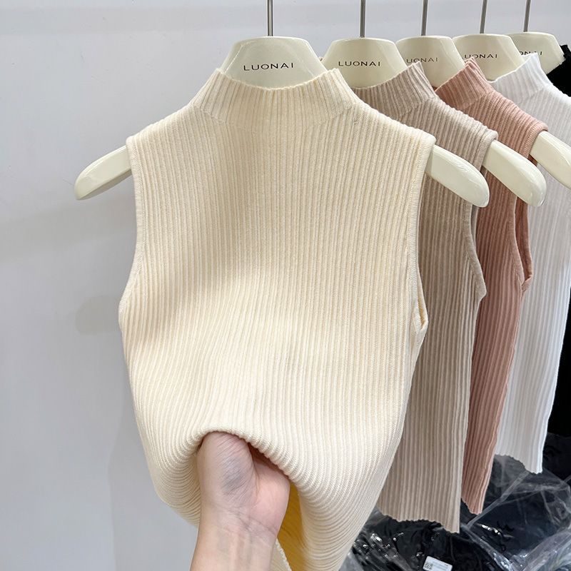 Gilet in maglia da donna con collo alto e bretelle elasticizzate, senza maniche, per stratificazione (albicocca, S-M-L)_voghion.com