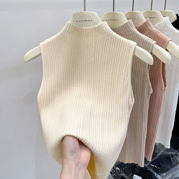 Gilet in maglia da donna con collo alto e bretelle elasticizzate, senza maniche, per stratificazione (albicocca, S-M-L)_voghion.com