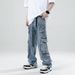 Calça Jeans Cargo Masculina High Street - Calça jeans retrô com vários bolsos, estilo descolado, corte reto e tecido de poliéster confortável._voghion.com