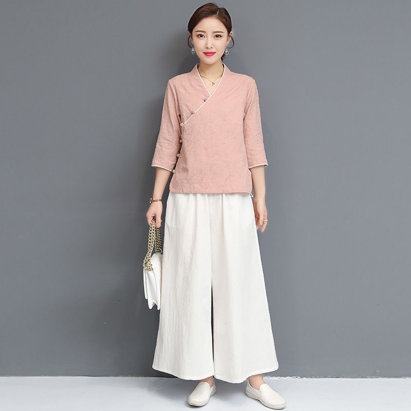 Traje de yoga de algodón y lino de estilo chino de primavera/verano para mujer, Hanfu de jacquard, traje de té de meditación zen laico para hombre,_voghion.com