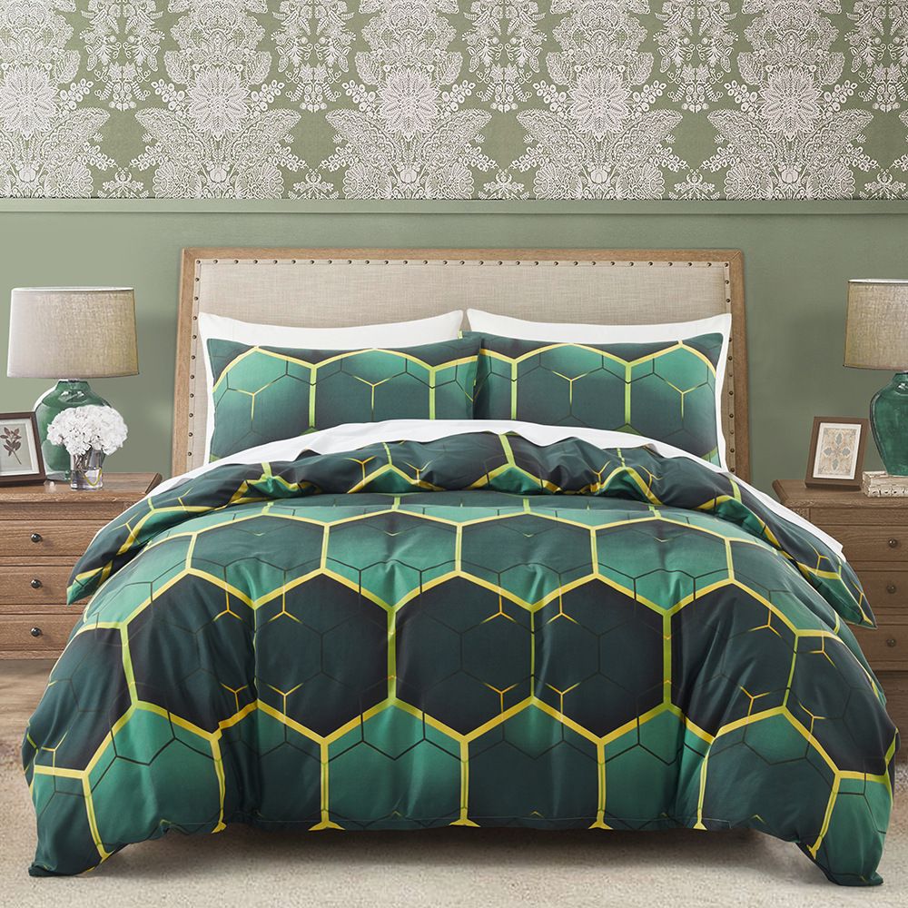 Weiche Faser, grün, geometrische Wabenstruktur, doppelseitig bedruckt, Bettbezug, Bettbezug, Heimtextilien, dreiteiliges Bettwäscheset_voghion.com