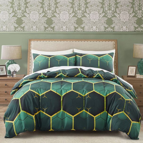 Weiche Faser, grün, geometrische Wabenstruktur, doppelseitig bedruckt, Bettbezug, Bettbezug, Heimtextilien, dreiteiliges Bettwäscheset_voghion.com