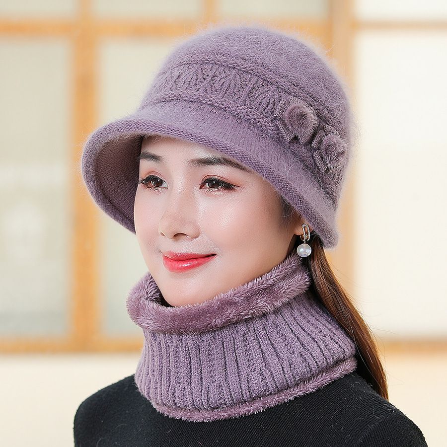 Women's Winter Knit Beret Hat With Rabbit Fur & Scarf Set - Soft Warm Fleece Lined Beanie For Cold Weather, (Grey/Beige/Burgundy/Purple)_voghion.com