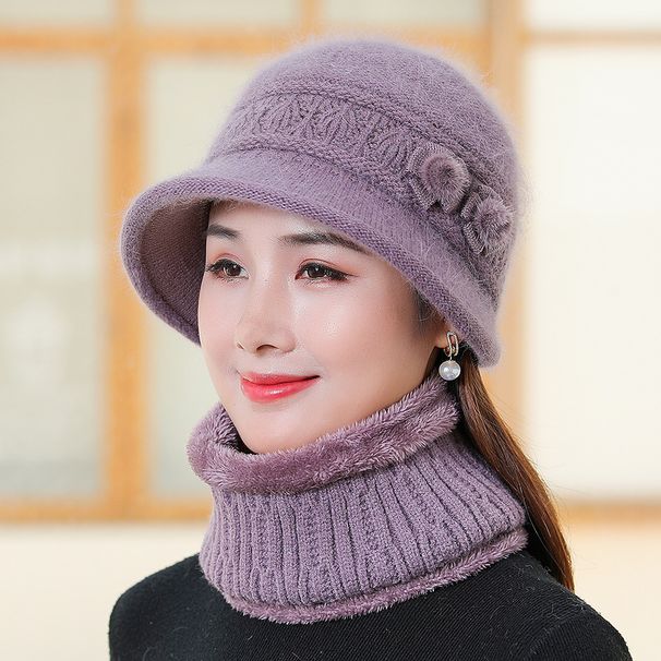 Women's Winter Knit Beret Hat With Rabbit Fur & Scarf Set - Soft Warm Fleece Lined Beanie For Cold Weather, (Grey/Beige/Burgundy/Purple)_voghion.com