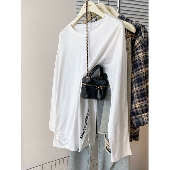 Women's mid-length, spring and autumn, Korean style, loose, belly-covering, hole-embroidered, inner top, bottoming shirt_voghion.com