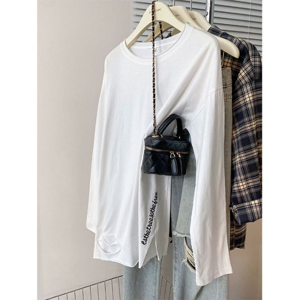 Women's mid-length, spring and autumn, Korean style, loose, belly-covering, hole-embroidered, inner top, bottoming shirt_voghion.com