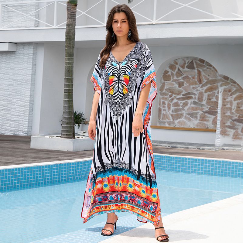 Abito copricostume boho da spiaggia – Gonna lunga fluida in cotone con stampa esotica (taglia unica, pavone/farfalla/zebra/amore)_voghion.com