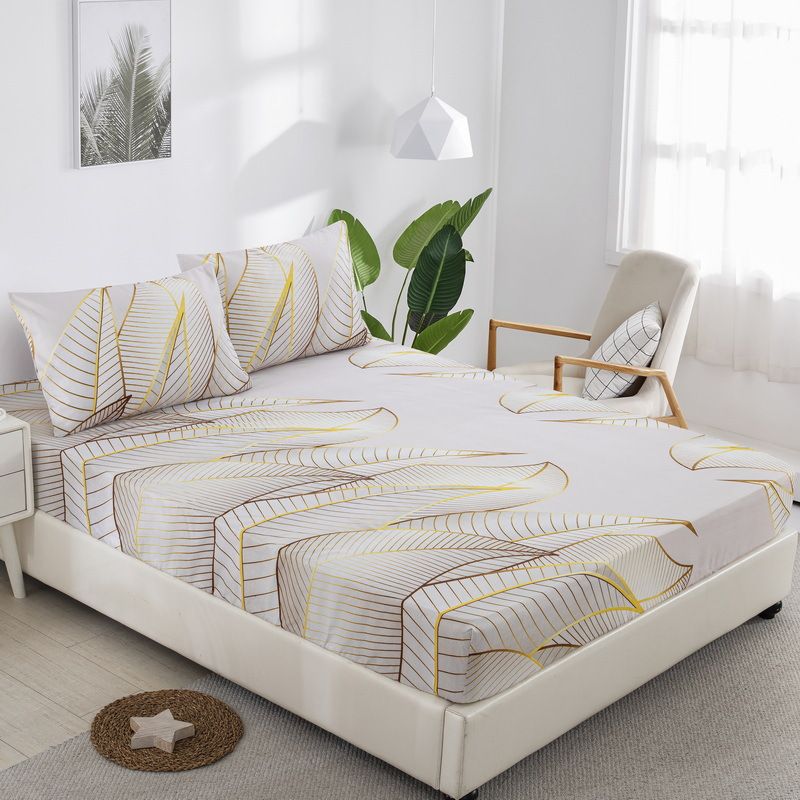 White Gold Floral Bohemian Bed Sheet Polyester Dust Proof Skin Friendly Bed Fitted Sheet_voghion.com