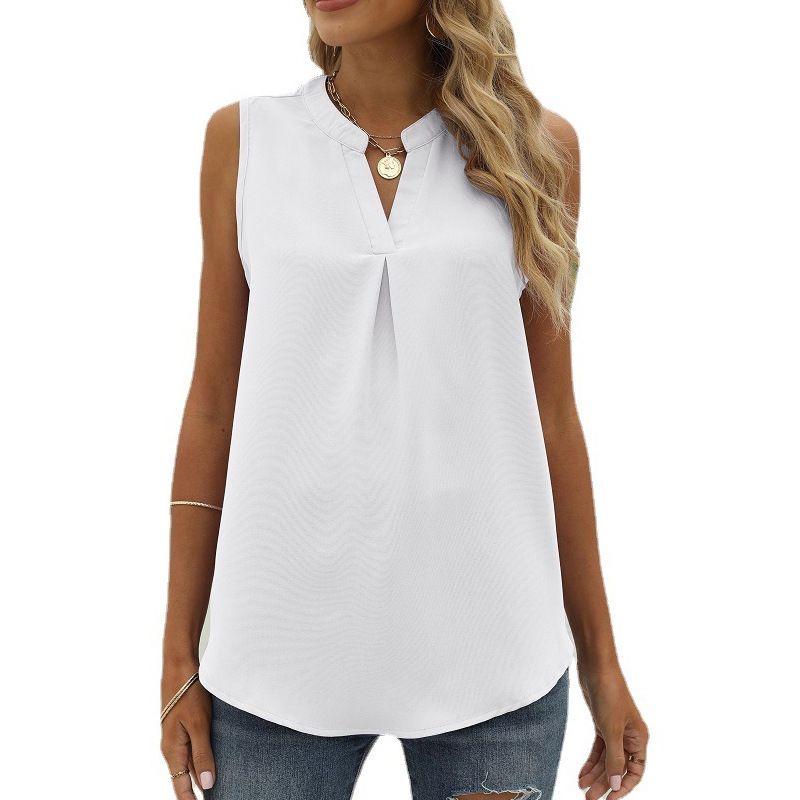 Solides Chiffon-Hemd für Damen, lockerer V-Ausschnitt, Camis-Pullover, ärmelloses Tank-Top_voghion.com