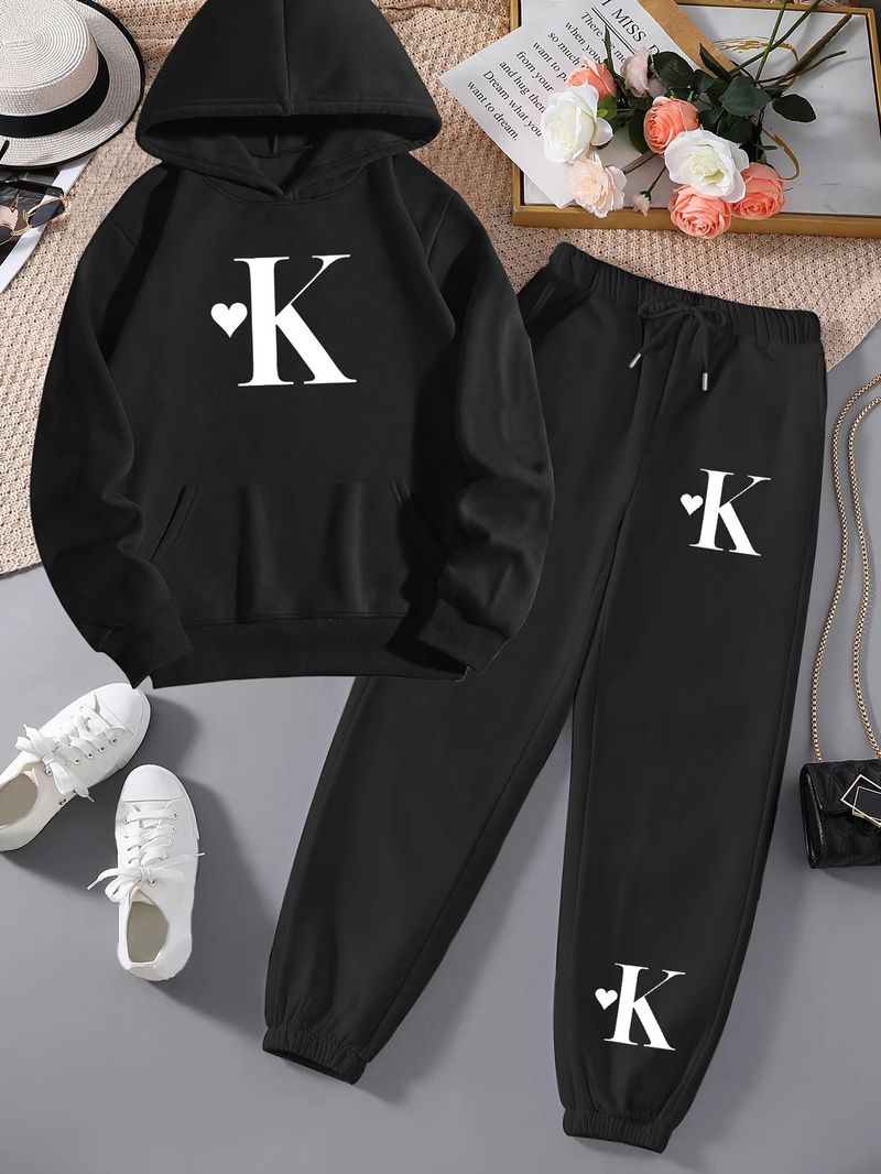 Damen-Kapuzenpullover-Set mit Buchstabendruck, langärmligem Pullover-Sweatshirt und Hose mit elastischer Taille_voghion.com