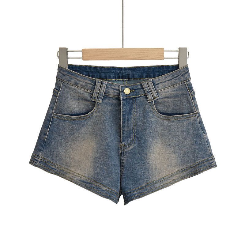 Pantaloni scurți americani din denim pentru femei cu fete picante, bază în stil Instagram, talie înaltă elastică în linie A, fese înfășurate,_voghion.com