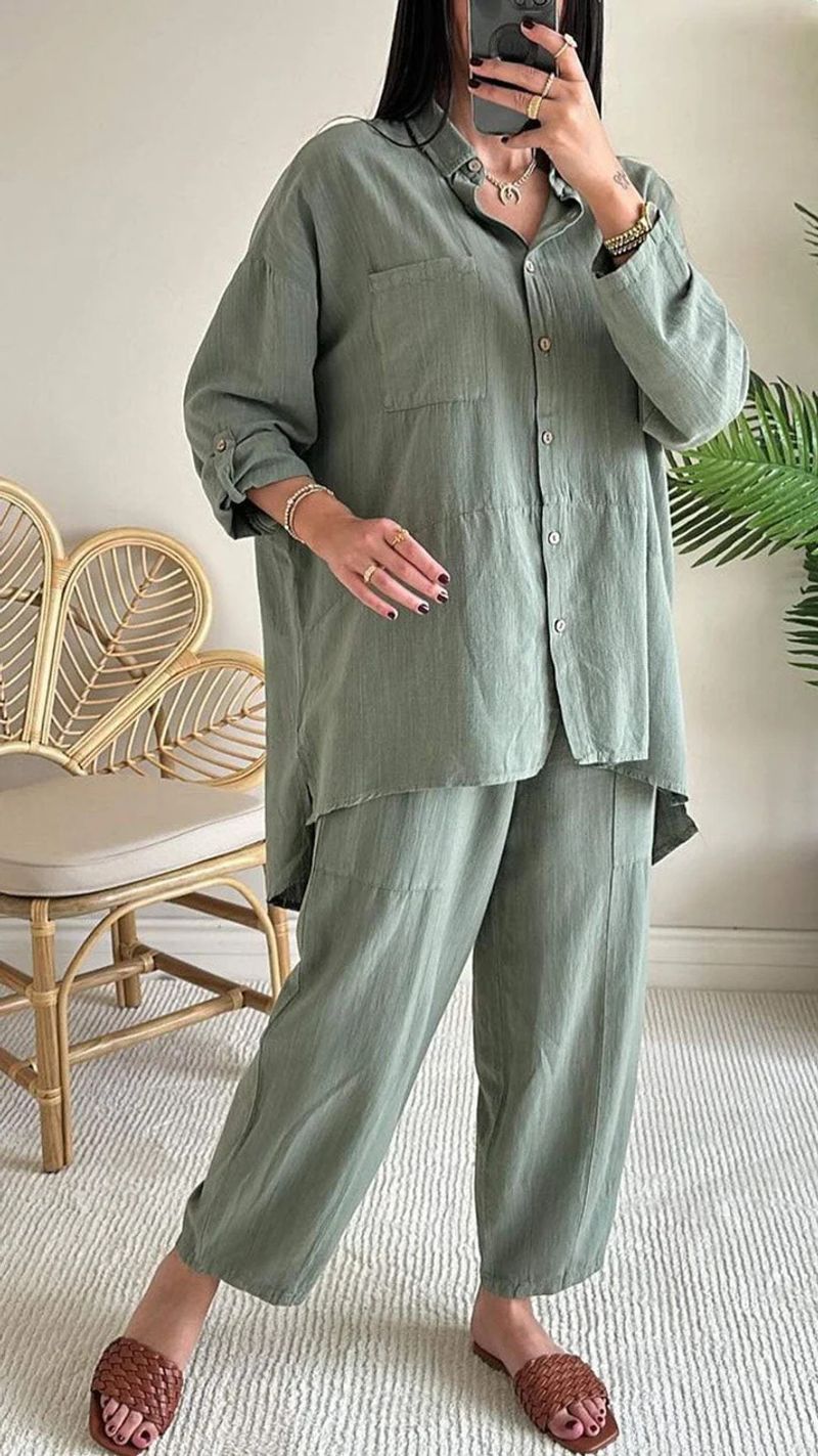 [Cotton Linen] Women's Clothing Summer New Women's Set Large Size Cotton And Linen Shirt Set High Waist Loose Trousers_voghion.com