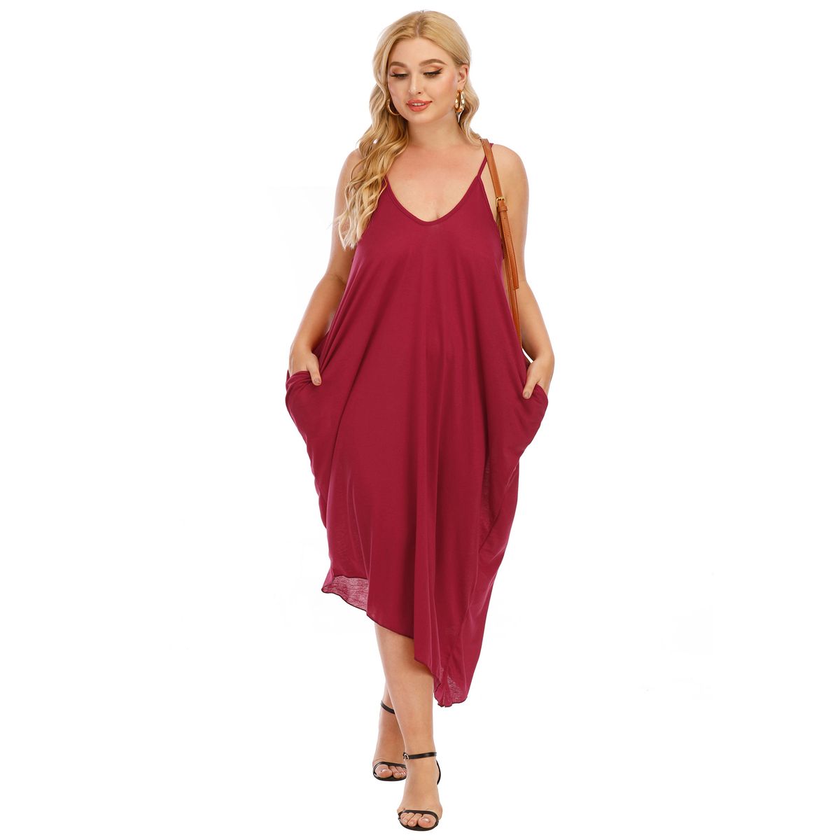 Women's  Plus Size  V Neck Strappy Irregular Loose  Pocket Dress_voghion.com
