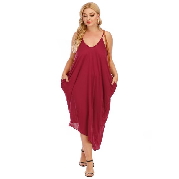 Women's  Plus Size  V Neck Strappy Irregular Loose  Pocket Dress_voghion.com