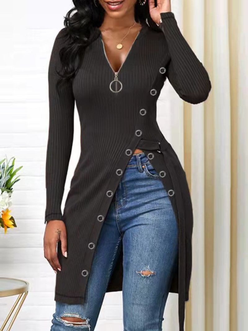 2023  Women's V-neck Long Sleeve Zipper Slit T-shirt_voghion.com