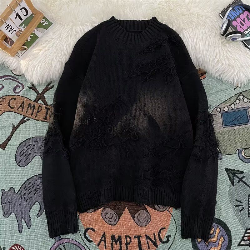 Men's Clothing Autumn and Winter Ripped Sweater Men's Loose Japanese Retro Casual Hem Ribbed Knitted Sweater Sweater Jacket Outerwear_voghion.com