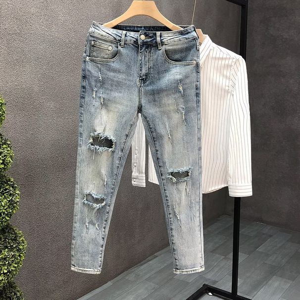 Herrenbekleidung High-End-zerrissene Slim-Jeans für Herren, verwaschene blaue Neun-Punkt-Hose, trendige Herrenmarke, trendige, hübsche Röhrenhose_voghion.com