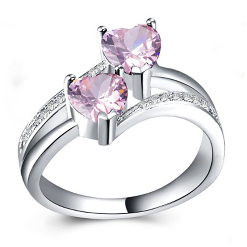 Qianbihe Kvinner Ring Dobbelt Hjerte Glitrende Cubic Zirconia Mote Utseende Fingerbånd for Party-Blue US 6_voghion.com