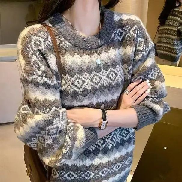 Oversized Chunky Knit Sweater – Women’s 3D Texture Round Neck Pullover (Gray, Black)_voghion.com