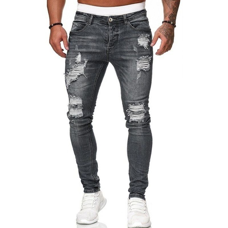 Men's trousers ripped slim denim trousers fashion calf trousers for men_voghion.com