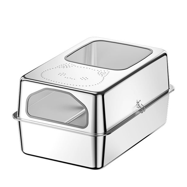Extra Large Stainless Steel Box With High Fence, Splash-Proof Semi-Enclosed Cat Toilet Litter Tray_voghion.com
