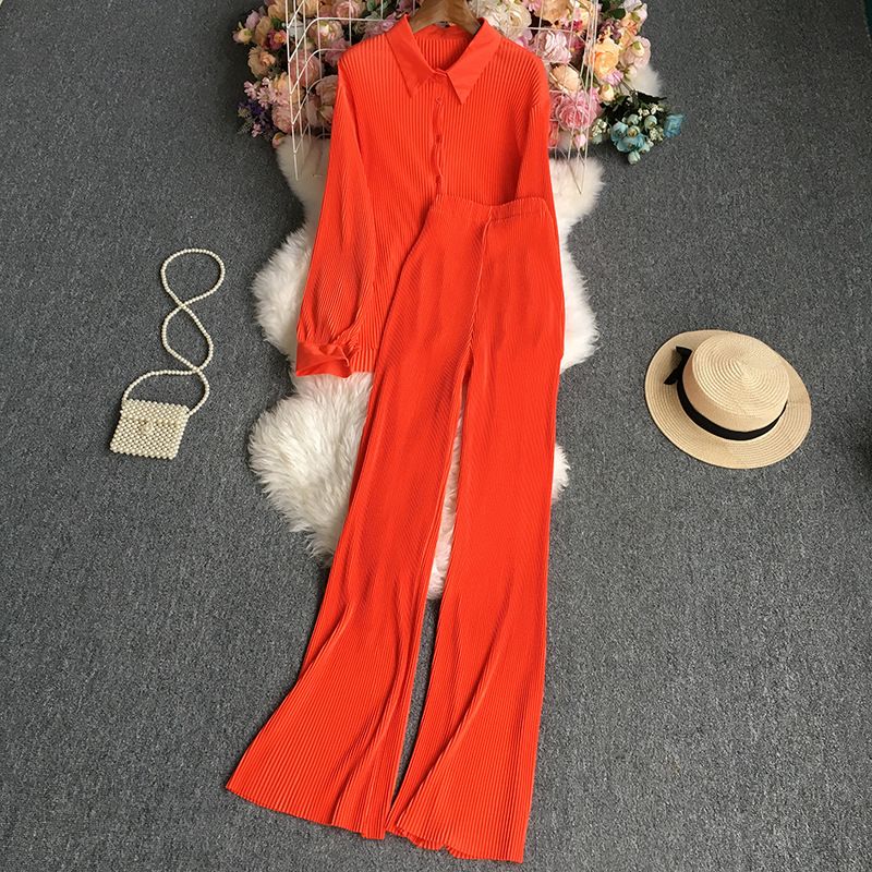 camicia a pieghe a maniche lunghe ampia da donna set in due pezzi pantaloni casual a gamba larga dritti a vita alta drappeggiati primavera e autunno_voghion.com