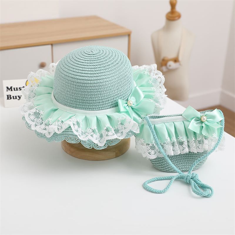 Children's women's summer sunscreen princess beach folding sunshade fisherman straw hats, and bag sets_voghion.com