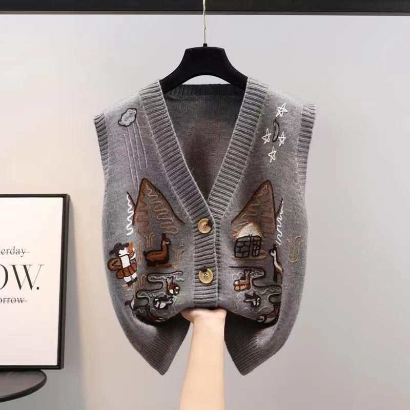Gilet en tricot sans manches pour femme - Pull brodé à col en V, vêtement d'extérieur chic et décontracté pour le printemps et l'automne_voghion.com