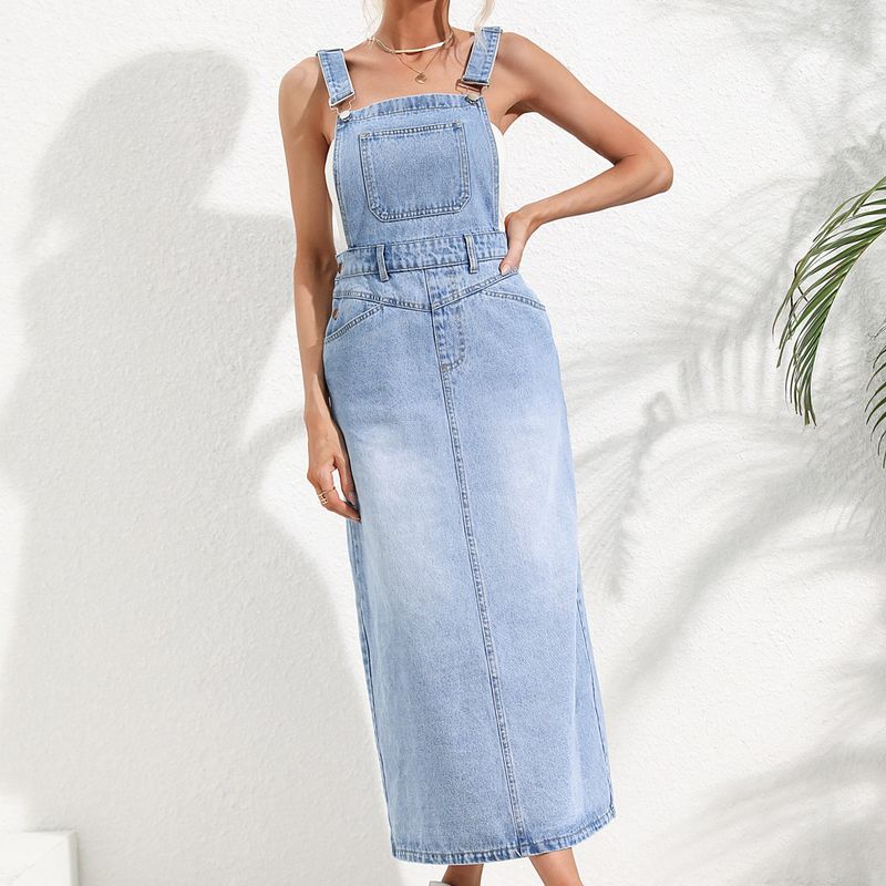 women's clothing INS Fashion waist suspenders medium-length denim dress_voghion.com