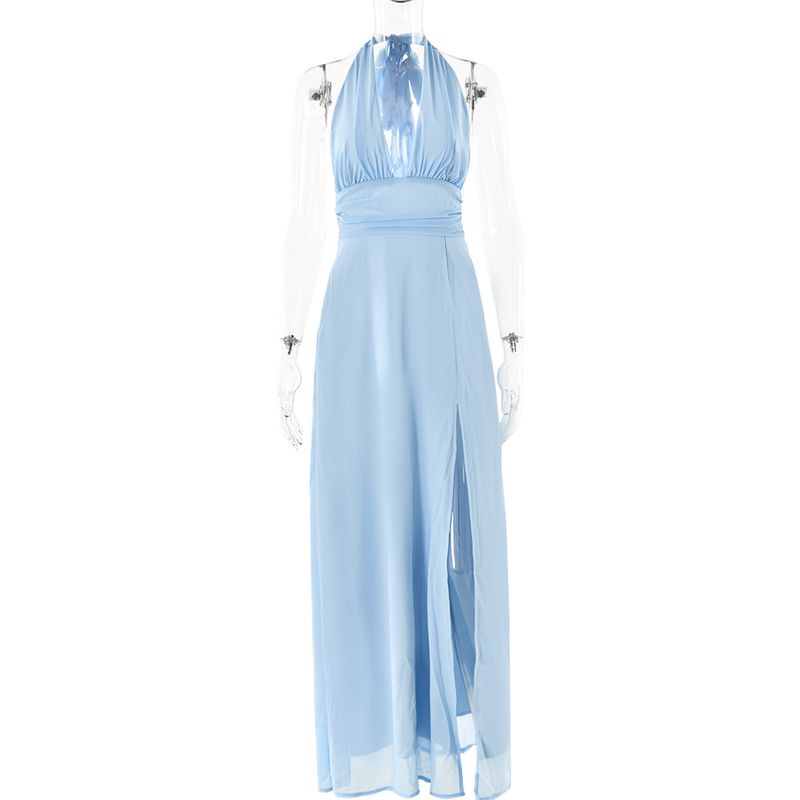 Vêtements pour femmes ins sexy fille chaude licou col en v sangle dos nu fente robe femme mode tempérament jupe longue _voghion.com