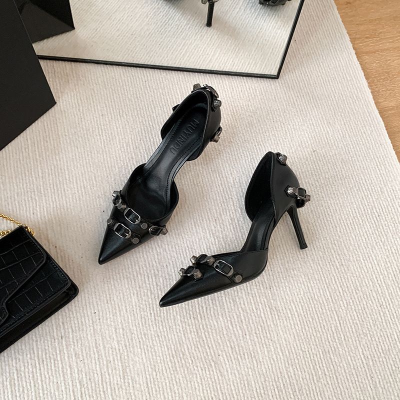 Damenschuhe Mode Temperament schwarz hohl dünne Ferse spitz sexy große Größe kleinen duftenden Wind Herbst und Winter einzelne Schuhe_voghion.com