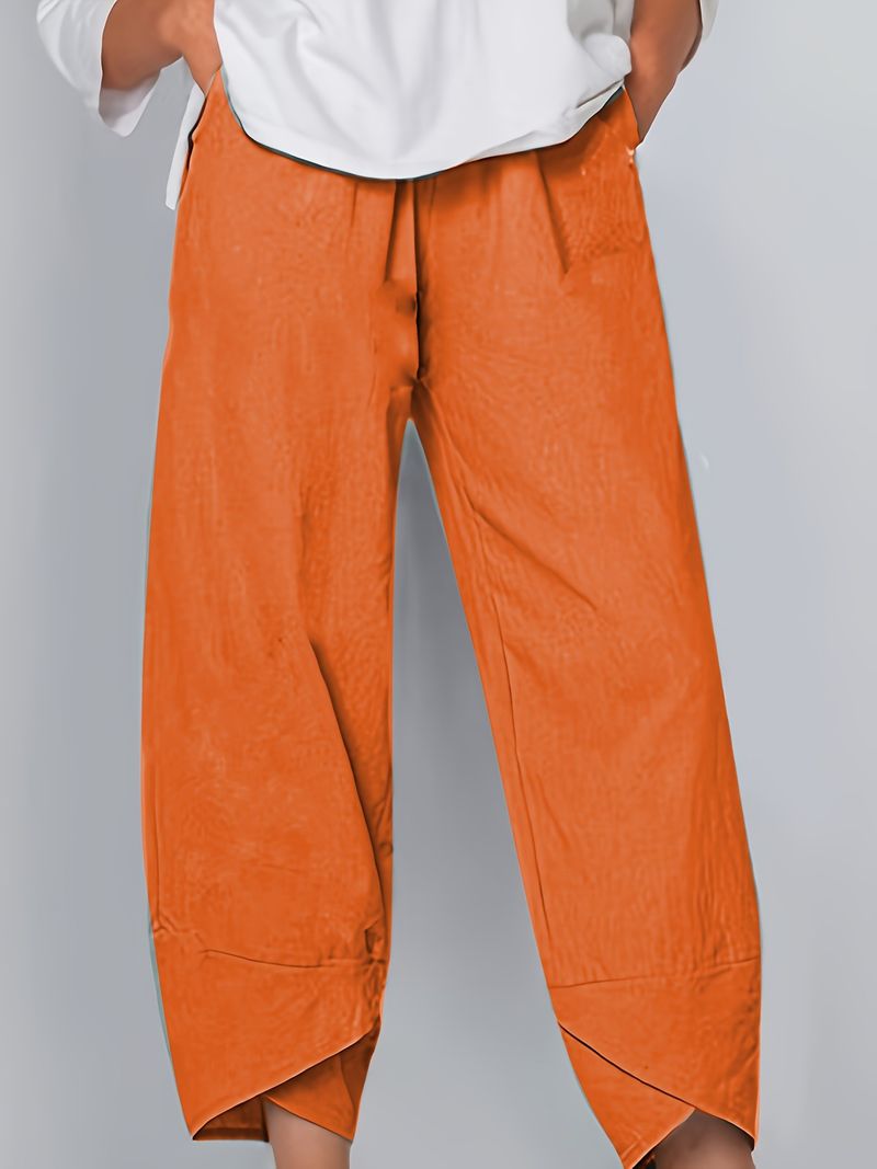 Damenbekleidung Mode Weite Beinhose Lockere Lässige Baumwolle Und Leinen Elastische Taille Neun-Punkt-Hose_voghion.com