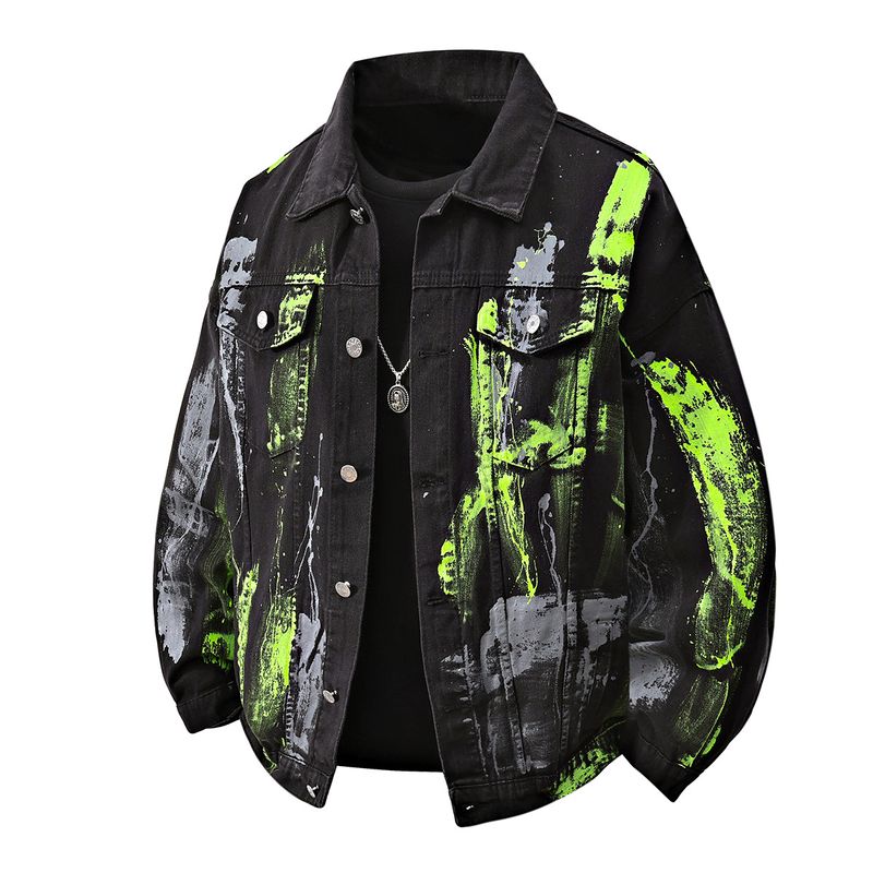 ​​Herren-Jeansjacke mit Tie-Dye-Graffiti-Print – Oversize-Streetwear-Mantel mit Used-Waschung und Pattentaschen (95 % Baumwolle, M-3XL, Weiß/Schwarz)​​_voghion.com