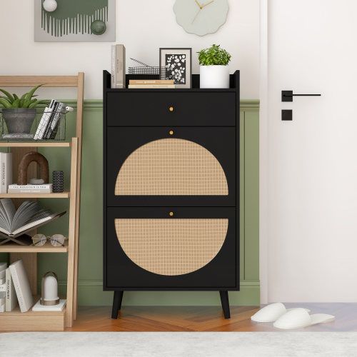 Schuhschrank Mit Zwei Türen Und Einer Schublade In Schwarz, Rattan-Optik, Austauschbare Halbrunde Türen, Doppeltes Regal, Länge 60 Cm, Ohne Rückwand, Geeignet Für Flure und Ähnliche Bereiche_voghion.com